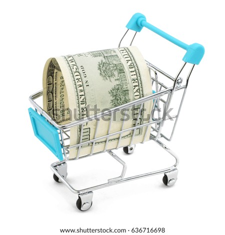  supermarket cart with money on a white background