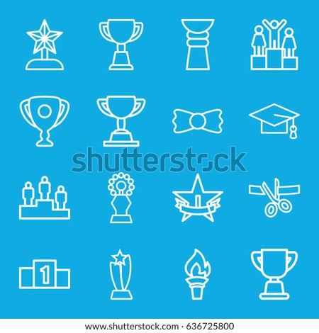 Ceremony icons set. set of 16 ceremony outline icons such as graduation cap, bow tie, trophy, ranking, 1st place star, torch, star trophy