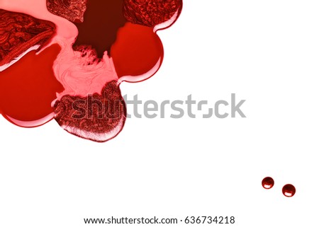 Abstract artistic design with assorted shades of reddish metallic nail polish or varnish in modern beauty fashion colors isolated on white