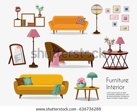 Interior. Sofa sets and home accessories. Furniture design. Sofas with pillows, lamps, pictures. Royalty-Free Stock Photo #636736288
