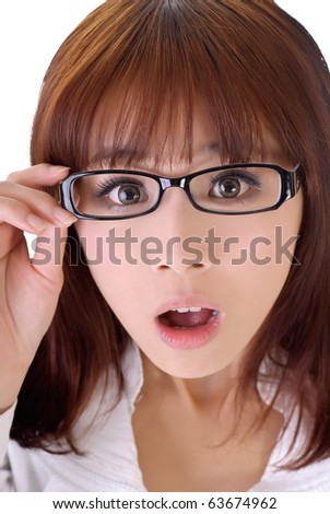 Surprised expression of young business woman, closeup portrait.