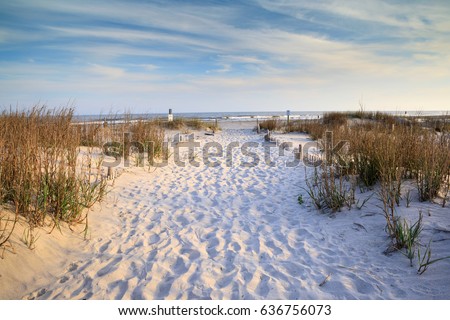 Sandy path with footprints leading to the Atlantic Ocean on Folly Beach near Charleston, South Carolina. Royalty-Free Stock Photo #636756073
