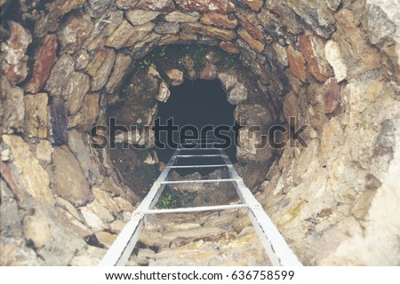 cave hole with rustic ladder on wood 