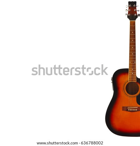 Acoustic sunburst guitar on the right side of the white background, with plenty of copy space.