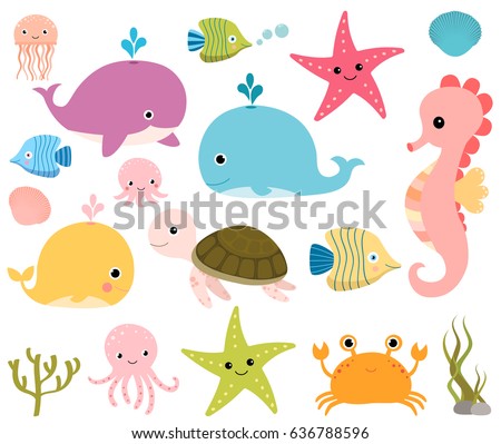 Cute vector set with sea animals for scrapbooking, baby showers and summer designs