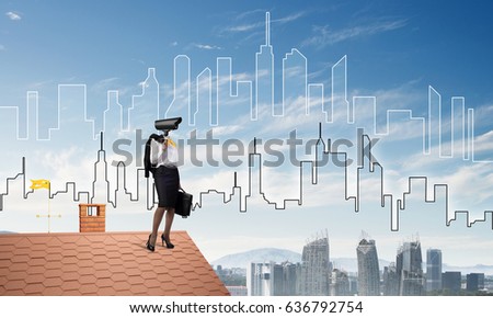 Faceless businesswoman with camera zoom instead of head standing on house roof