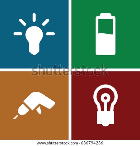 Electric icons set. set of 4 electric filled icons such as bulb, drill