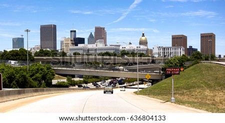 Car Entering Highway Rush Hour Downtown Atlanta Georgia City Skyline