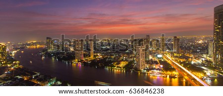 Aerial panoramic cityscape view of Bangkok and Chao Phraya river is Twilight