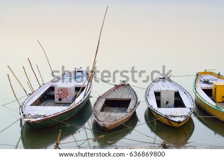 Lined up Boats at Ganges river side in Varanasi, India