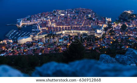 Long exposure of Dubrovnik's old town pictured during twilight from the peak of Srd Hill.