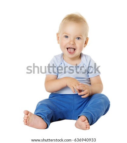 Baby over White Background, Happy Kid One Year old, Smiling Child Boy Sitting in Blue Clothing