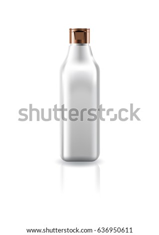 Blank transparent cosmetic square bottle with copper cap lid for beauty product packaging. Isolated on white background with reflection shadow. Ready to use for package design. Vector illustration.