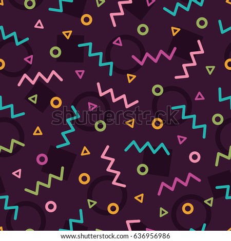 Chaotic Zigzag, wave, circle, plus, cross of swatches memphis seamles pattern. Fashion 80-90s. Geometric Abstract Background mosaic textures.