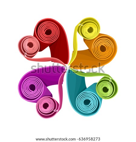 Group of yoga mats stacked in the shape of heart. Green, blue, pink, red, violet, orange, yellow colors. Raster illustration
