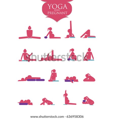 Stick figures. Pregnant woman doing yoga poses. Raster illustration.