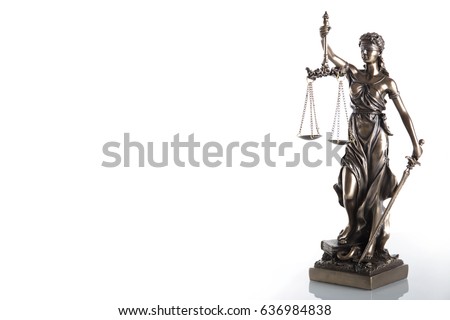 Statue of justice isolated on white background. Law concept Royalty-Free Stock Photo #636984838