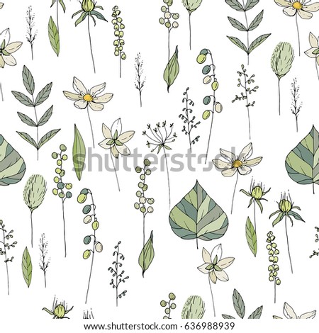 Seamless season pattern with contour wild flowers, herbs and leaves. Endless texture for floral summer design with plants