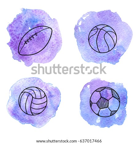 vector doodle set of different balls, isolated hand drawn design elements at blue watercolor background