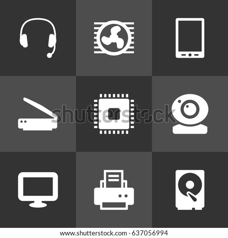 Set Of 9 Computer Icons Set.Collection Of Display, Peripheral, Record And Other Elements.