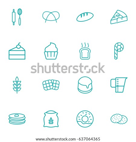 Set Of 16 Bakery Outline Icons Set.Collection Of Measuring Cup, Cupcake, Pancakes And Other Elements.