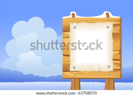 Winter landscape and wooden sign