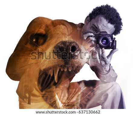 A double exposure of a photographer pointing the camera to the viewer, with an overexposure of a fox with it's mouth wide open. Color enhancement, overexposure and soft used for effect. 