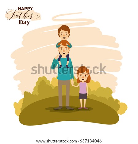 colorful card of landscape with son in shoulders of dad and daughter of the hand on the fathers day vector illustration