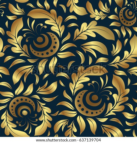 Universal vector pattern for wallpapers, textile, fabric, wrapping paper, packaging box etc. Vintage pattern on blue background. Seamless pattern with golden elements for design in retro style.