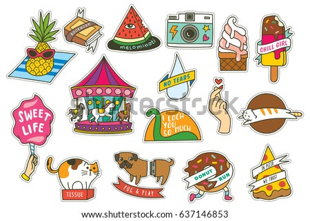 Set of fashion cute patches with pizza, carousel, ice cream etc