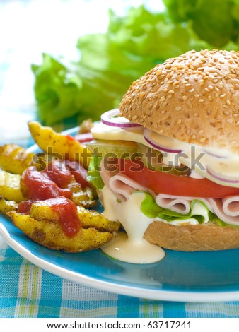 Hamburger with fried potato on blue plate