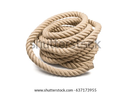 Pile of thick sturdy hemp rope on white background