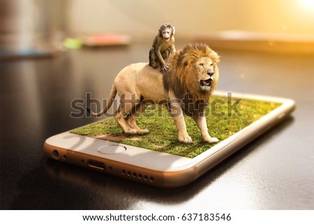 funny lion and monkey in out of bounds 3d effect from hand phone