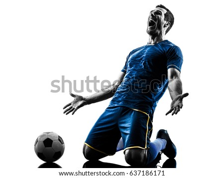 one caucasian soccer player man happy celebration  in silhouette isolated on white background Royalty-Free Stock Photo #637186171