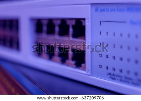 Number of rj45 port on gigabit switch. close up and selective focus