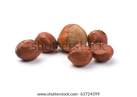 Various Hazelnuts (Corylus avellana) isolated on a white background. Clipping Path included.