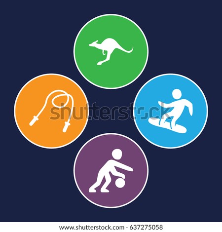 Jump icons set. set of 4 jump filled icons such as kangaroo, snowboard, basketball player