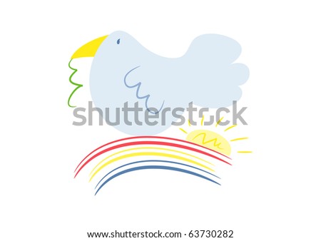 Symbol of peace: Little blue dove sitting on a colorful rainbow