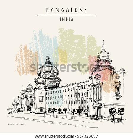 Bangalore, Karnataka, India. Building in Neo-Dravidian style. Travel sketch. Vintage hand drawn postcard template. Vector illustration Royalty-Free Stock Photo #637323097