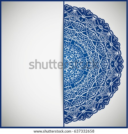Openwork vintage greeting frame card for congratulations on the wedding invitation, Valentine's Day, birthday, holiday, gratitude, love confession. Vector blue background with mandala drawing. eps10