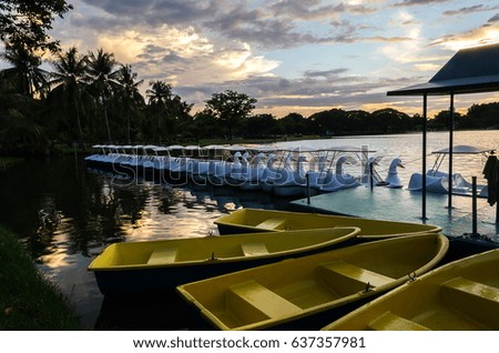 Swan boat or rowing on the waterfront in the park with beautiful clouds in the evening. (select focus)