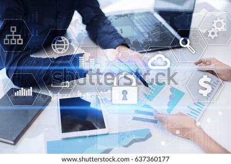 Data protection, Cyber security, information safety and encryption. internet technology and business concept.  Virtual screen with padlock icons.