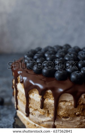 Vegan blueberry cake decorated with chocolate frosting and berries on dark stone background. Homemade cake for birthday, festive seasons,  engagement or valentine day, selective focus, space for text