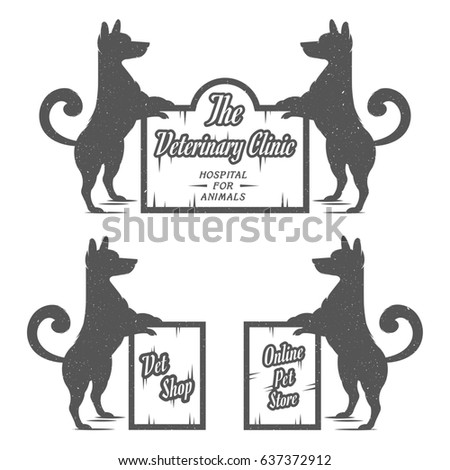Vintage Illustration fun dog with grunge effect for posters and t-shirts. Funny dog with sign dog vet shop on a white background. Raster version.