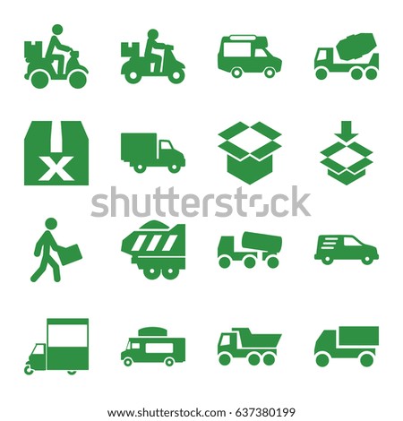 Deliver icons set. set of 16 deliver filled icons such as concrete mixer, truck, van, box, courier, courier on motorcycle, delivery car, cargo trailer, question box
