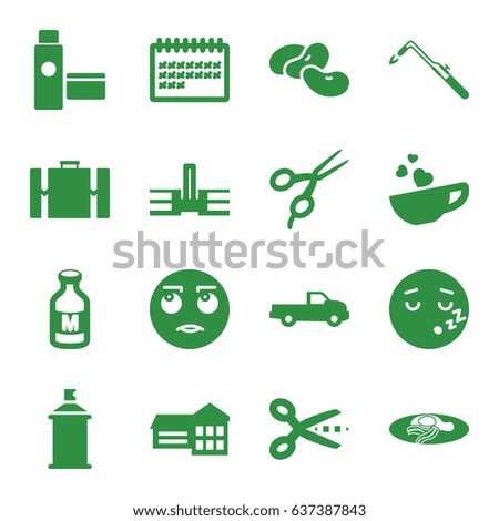 Clipart icons set. set of 16 clipart filled icons such as bean, car, barber scissors, blowtorch, spray paint, rolling eyes emot, sleeping emot, fried egg and bacon, milk