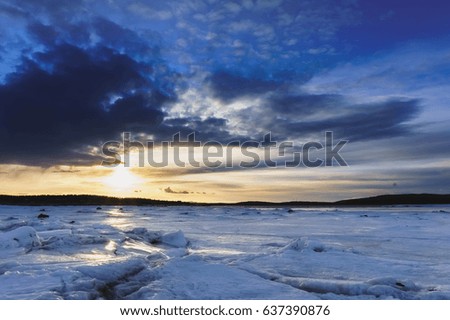 Beautiful cloudy and blue sky panorama over ice lake. Iceland. Russia