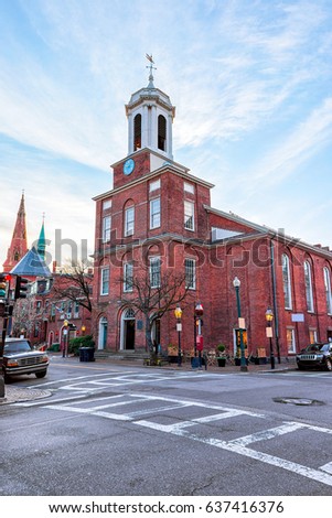 Clark Street and St Stephen Church, downtown Boston, MA, USA. 