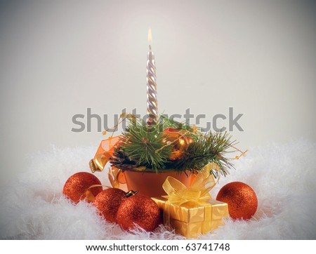 Christmas orange spheres and silver candles on the white fur