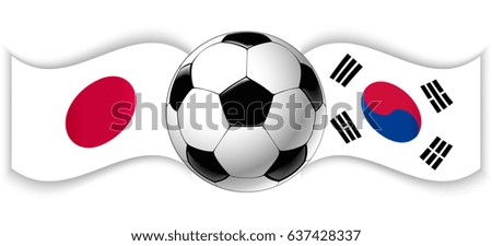 Japanese and South Korean wavy flags with football ball. Japan combined with South Korea isolated on white. Football match or international sport competition concept.